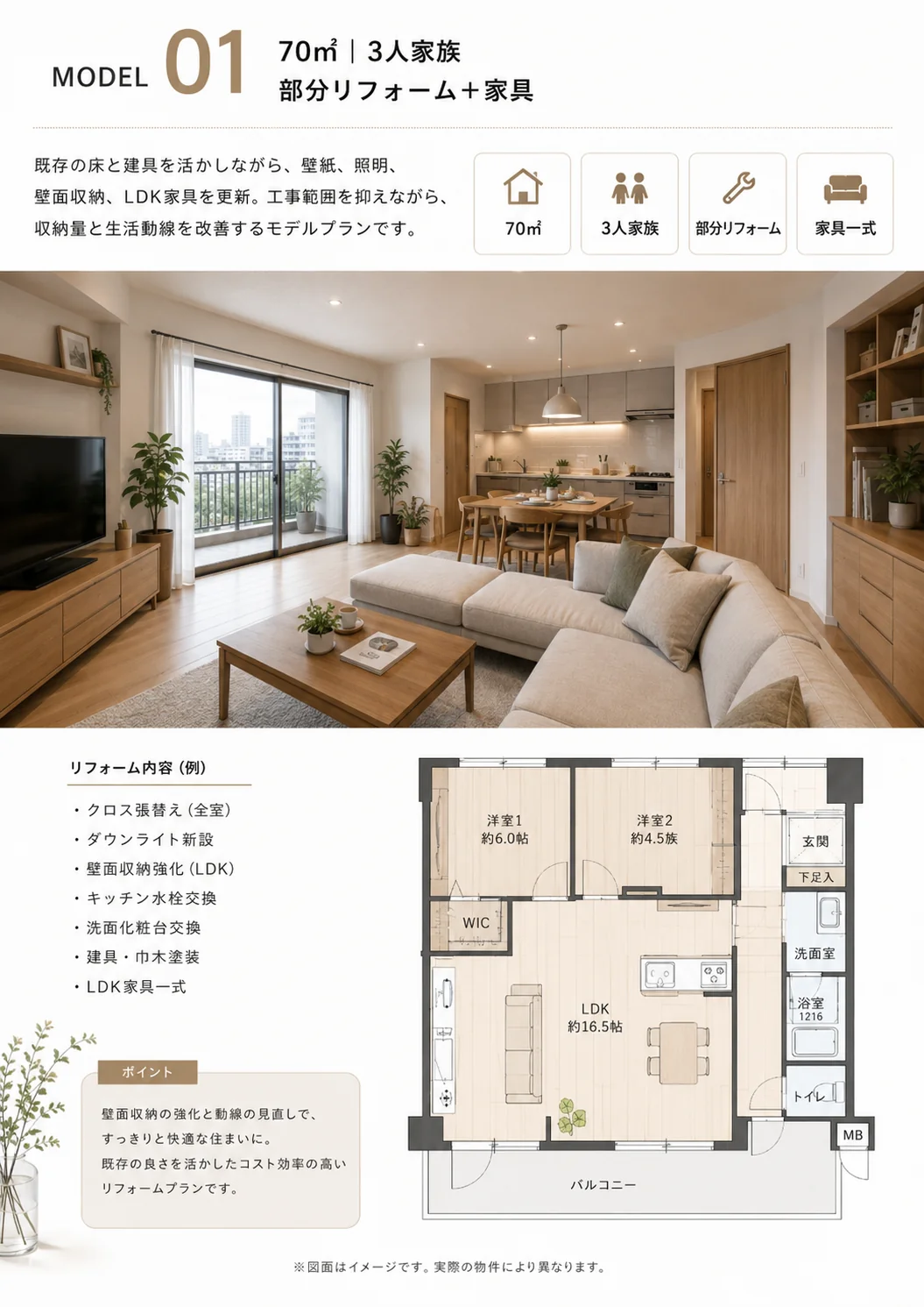 70㎡家族向けマンションのリビング